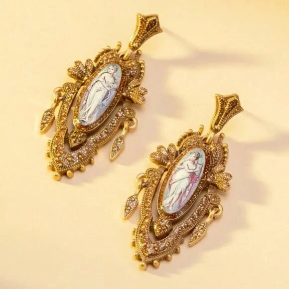 ANTIQUE STYLE IMAGE GOLD STATEMENT EARRINGS - Picture 3 of 6